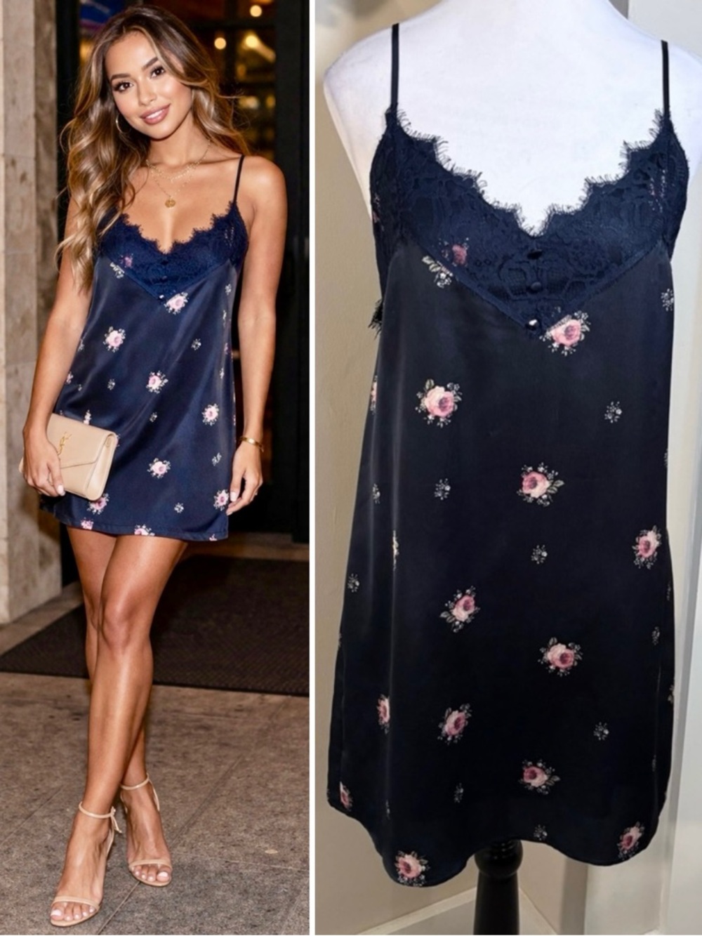 Abercrombie & Fitch Navy Floral Satin Slip Dress Eyelash Lace  Sz S💛